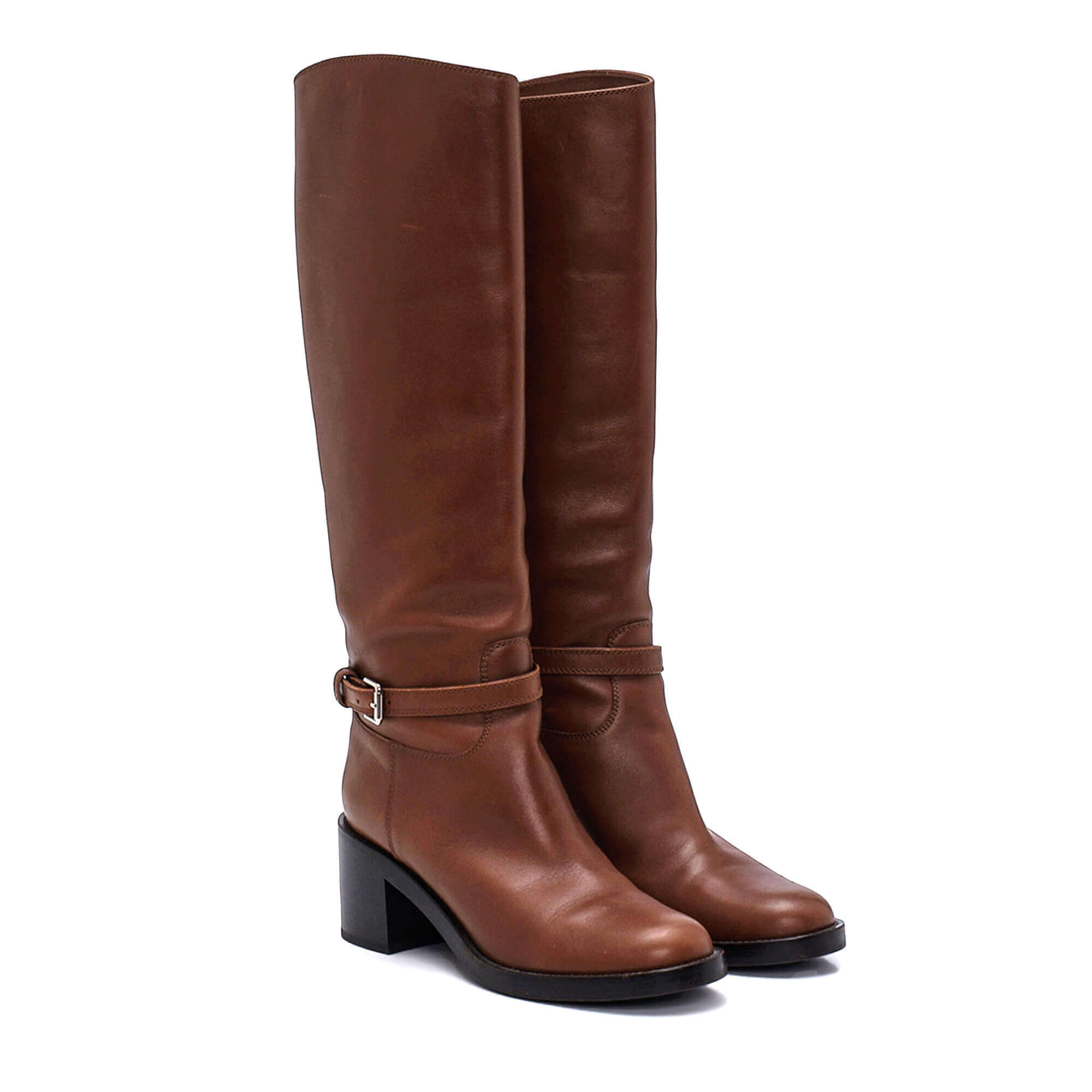 Gianvito Rossi - Brown Leather Buckle Detail Knee High Boots